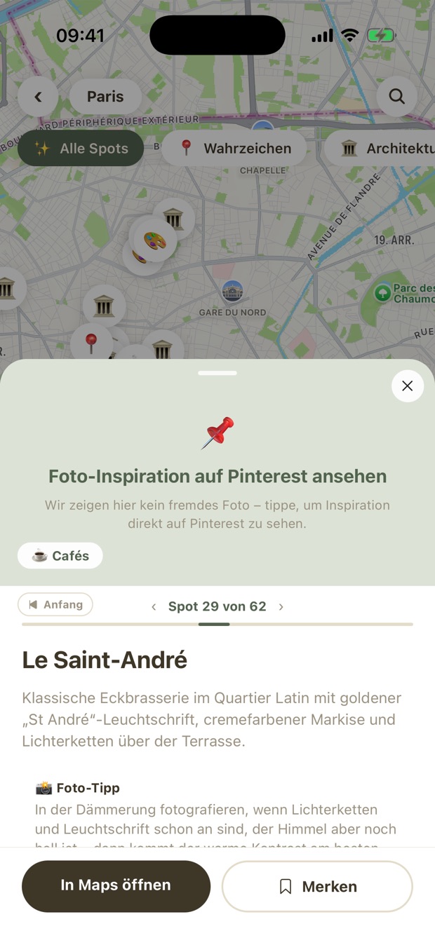 Ein Spot mit Beschreibung, Foto-Tipp und Navigation